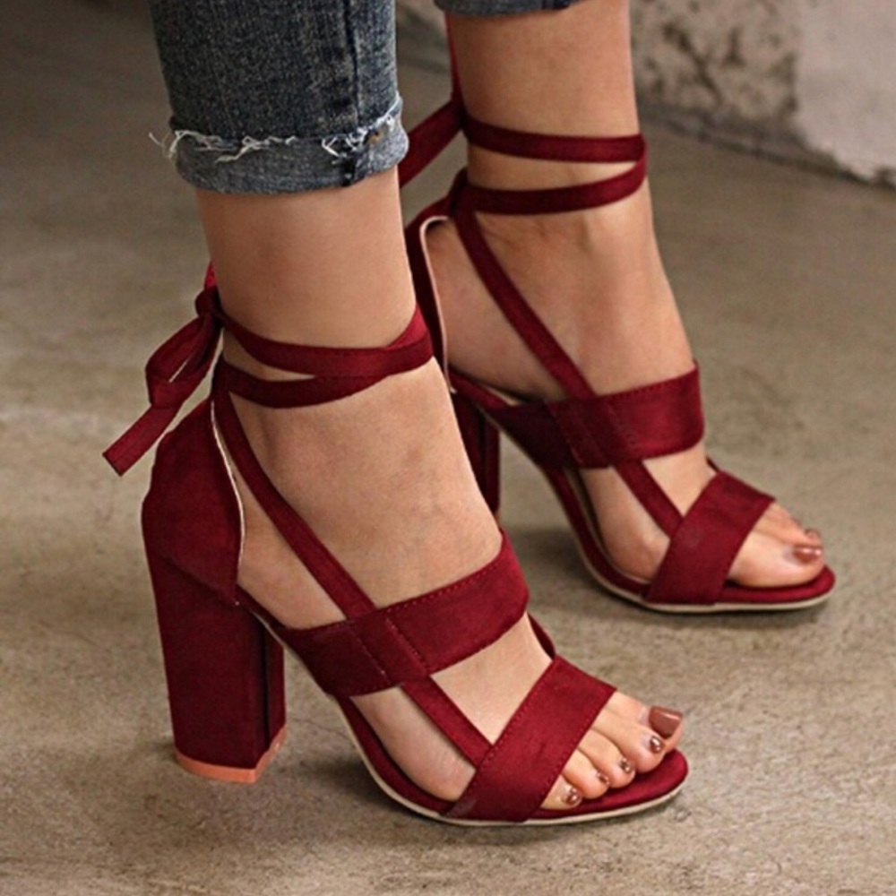 Sexy  straps maroon suede heels